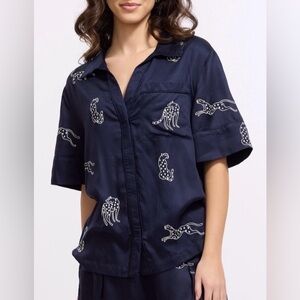 Sani Embroidered Leopard Loungewear Top Midnight Jubilee Navy Blue Size XL